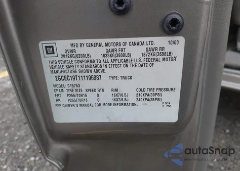 2001 Chevrolet Silverado 1500 Ls from USA, damaged, VIN 2GCEC19T111196987